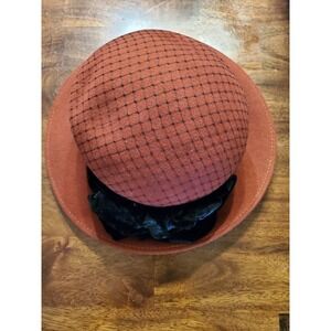 Toucan Collection Vintage Rust Wool Felt Hat Black Velvet Flower Netting Cloche